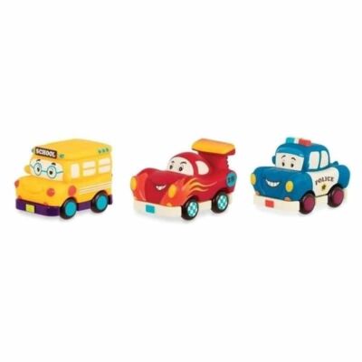 B.Toys 3'lü Mini Çek-Bırak Araba Seti Okul Otobüsü/Yarış Arabası/Polis - 1