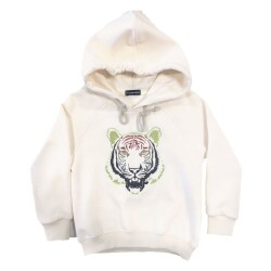 Kaplan Nakışlı Kapüşonlu Sweatshirt Ekru